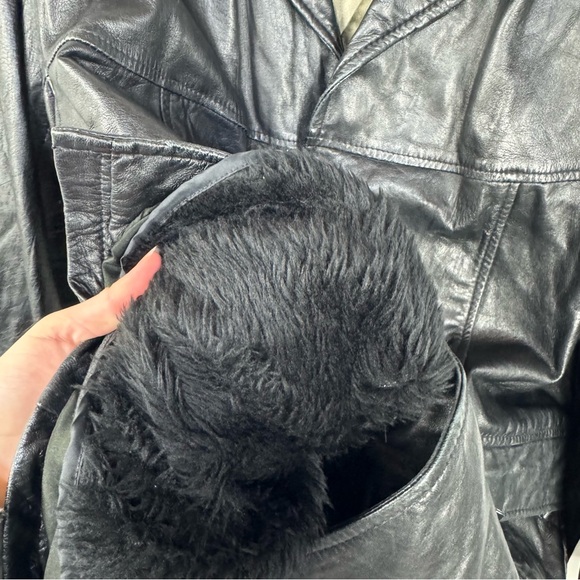 Vintage Phase Two 2 Black Leather Pea Coat Blazer Neutral y2k retro Fur lined - Picture 4 of 6